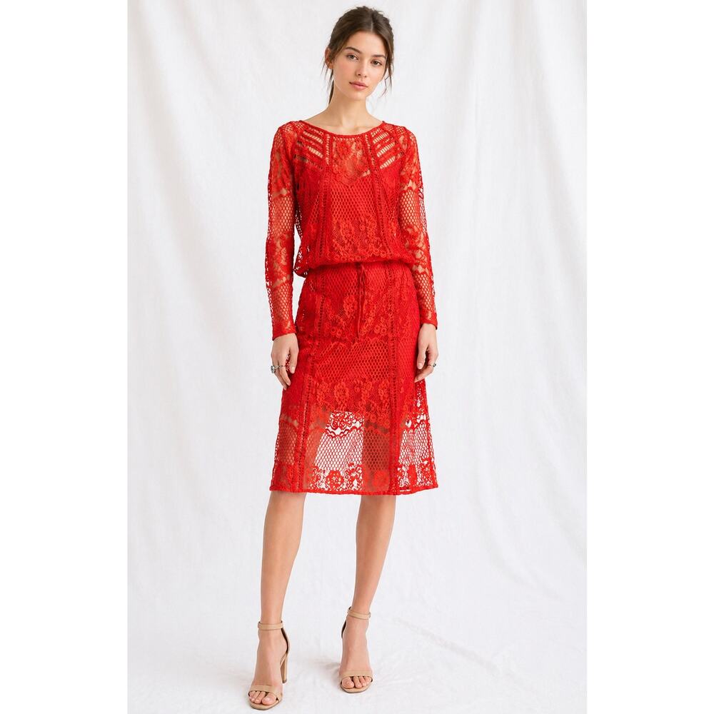 Free People Luna Lace Dress Red Crochet Long Sleeve Sheer Boho S
